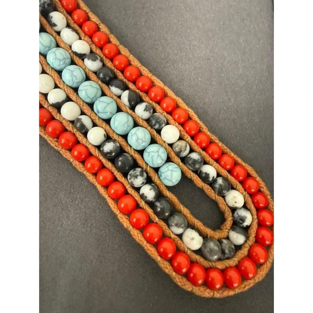 Silver Tone Bracelet Stone Multi Strand Beaded Bohemian Wrap